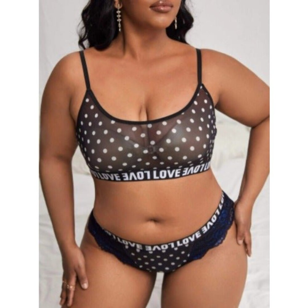 1XL Plus Size Black Polka Dot Letter Tape Lingerie Set